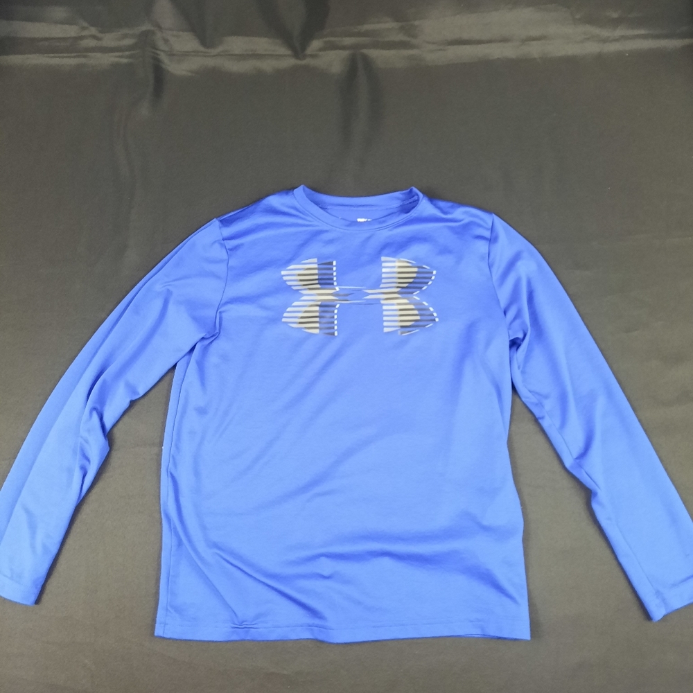 Size M Medium Kids Under Armour Long Sleeve Shirt Blue Gray Black Design Logo
